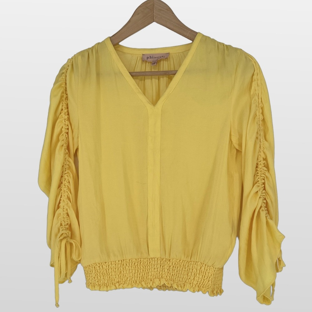 Philosophy Blouse Womens XS Yellow Ruched Bell Sleeve Smocked Hem Fairycore Boho